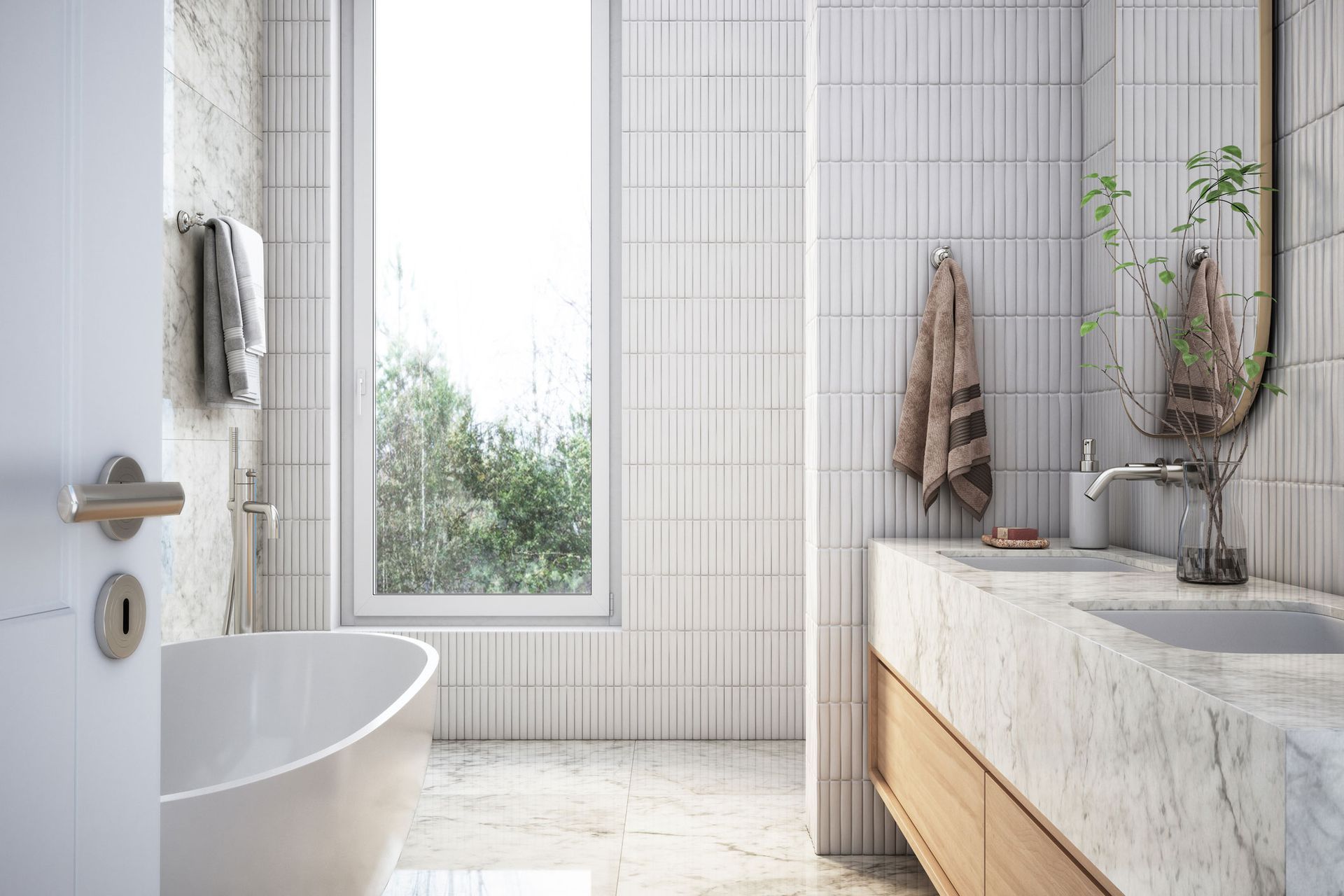 A modern bathroom featuring a white marble counter & tub, showcasing elegant bathroom renovation.
