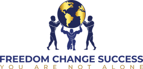 Three figures lifting a golden globe, with the text "FREEDOM CHANGE SUCCESS" and "YOU ARE NOT ALONE" below in blue and gold.