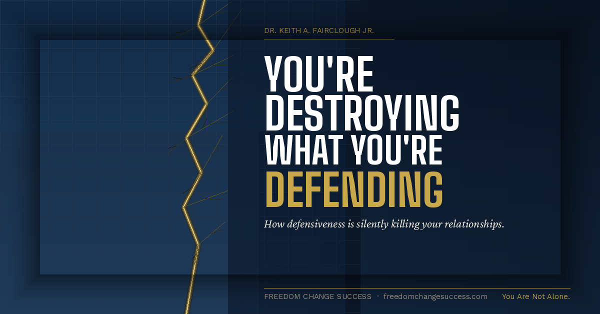 Dark blue poster with bold text: “YOU’RE DESTROYING WHAT YOU’RE DEFENDING.”