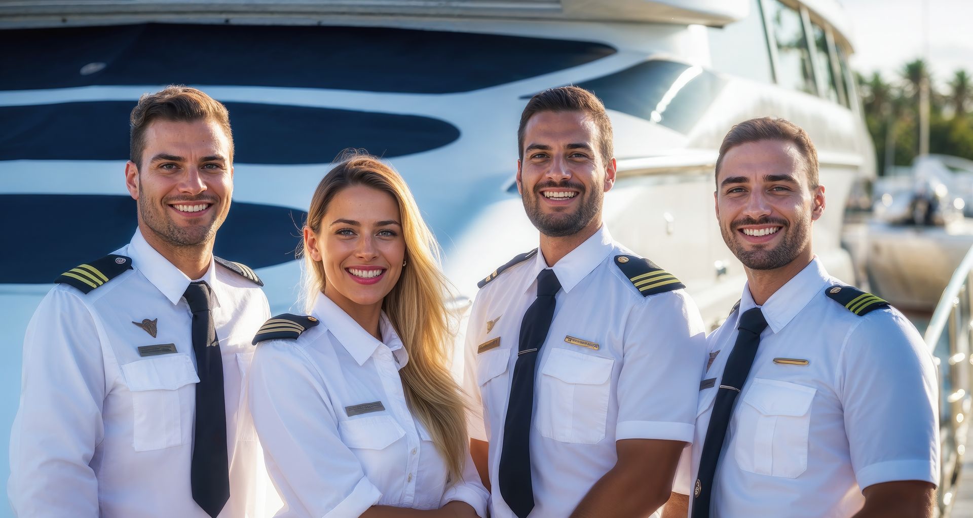 professional superyacht crew in uniform stood on quayside in front of modern large white superyacht