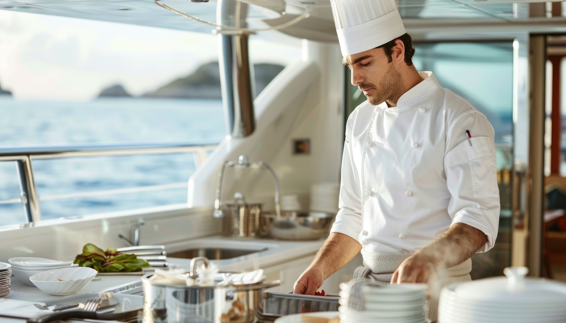 professional chef prepares lunch on a luxury charter yacht in the Balearics