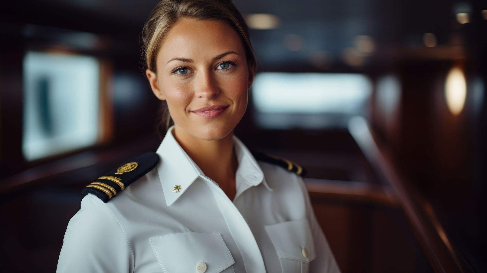 Superyacht female officer looks warmly towards guests wearing smart white blouse with Epaulettes