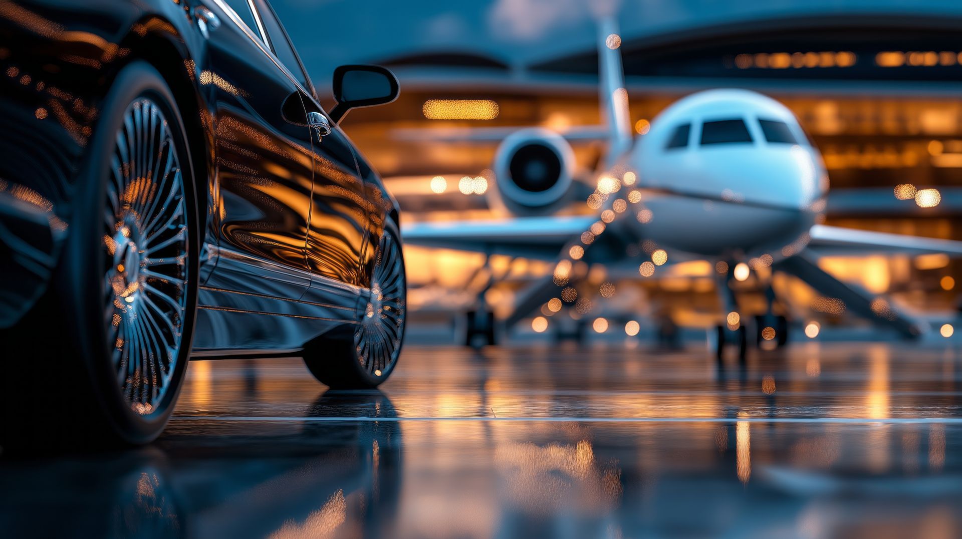 Executive car meets private jet at international airport