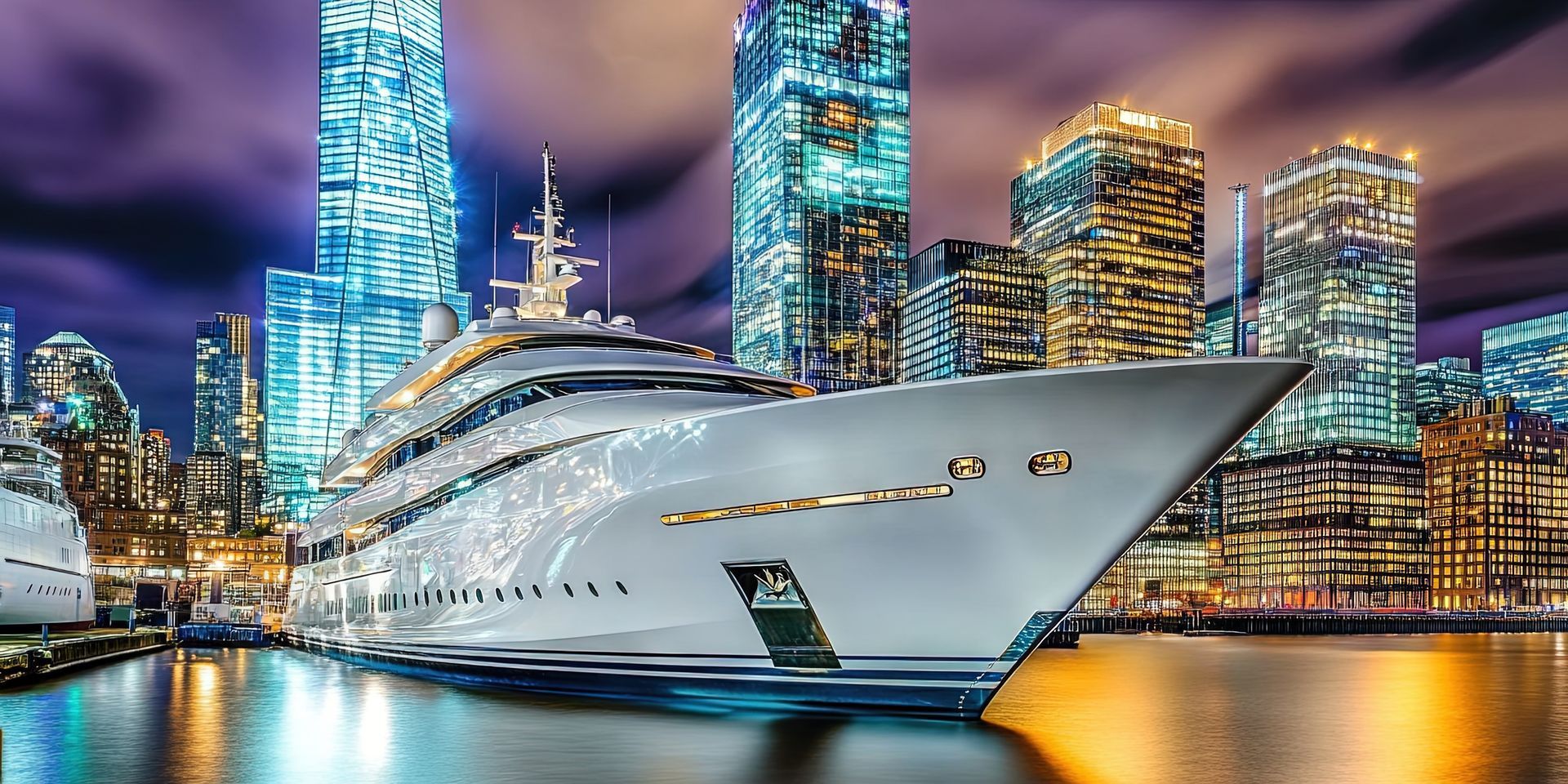 a large white superyacht berthed in a harbour with glistening city skyline in background