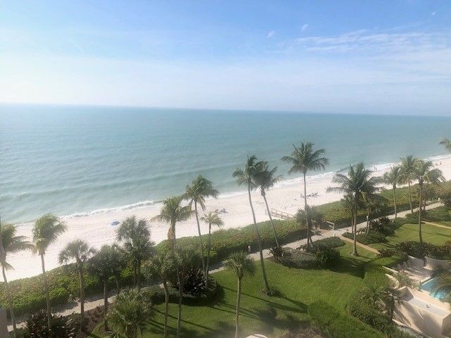 Oceanfront resort with palm trees, green lawns, pool, and calm blue sea under a clear sky