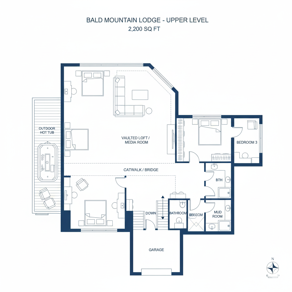 Upper-level floor plan with labeled rooms and dark blue wall outlines on a white background