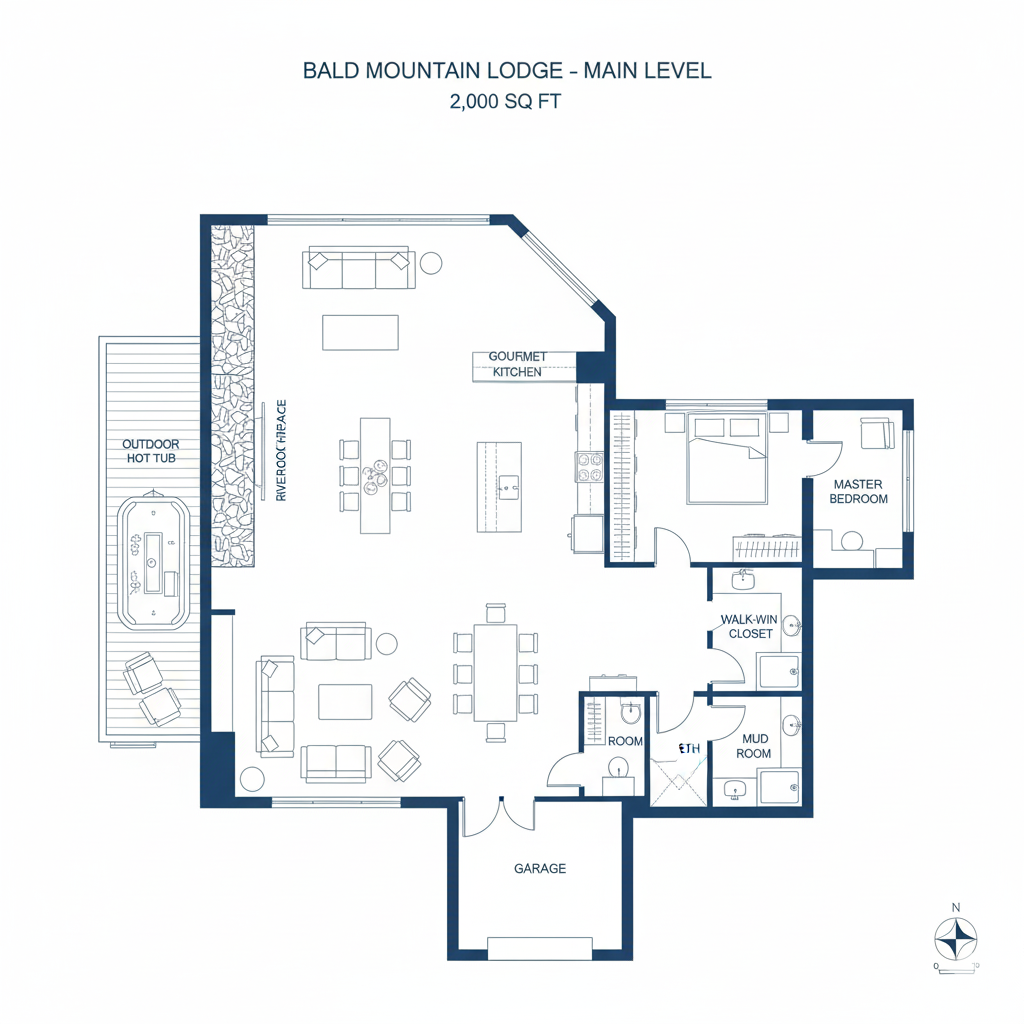 Floor plan of Bald Mountain Lodge main level, showing rooms and furniture layout.