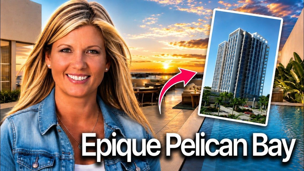 Woman beside Pelican Bay luxury tower at sunset with “Epiq ue Pelican Bay” text