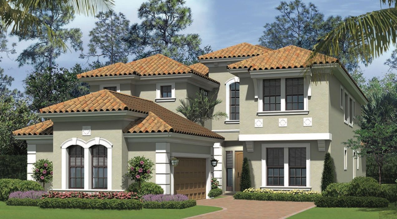 Elegant two-story Mediterranean-style house with beige stucco, terracotta roof, and landscaped front yard