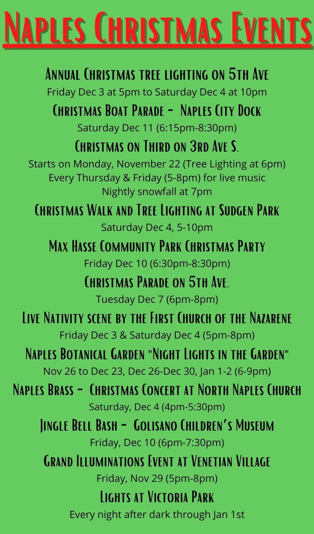 Green flyer listing Naples Christmas events with red title and black event details on a light green background