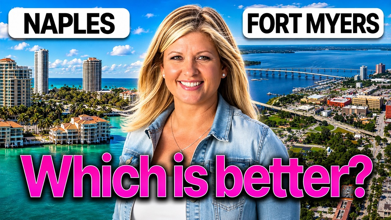 Naples and Fort Myers skyline comparison with a smiling woman and text “Which is better?”