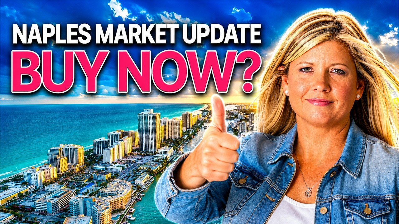 Naples market update thumbnail with woman giving thumbs up and bold “BUY NOW?” over a coastal skyline