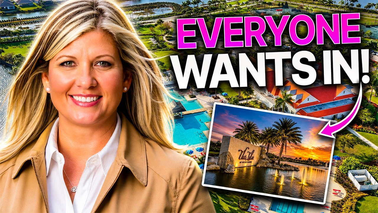 Smiling woman in tan coat beside bold text “EVERYONE WANTS IN!” and a sunset waterfront photo inset