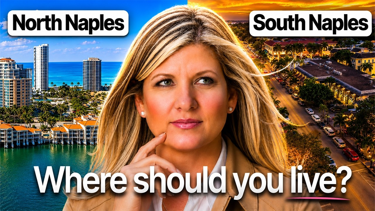 North Naples vs South Naples travel thumbnail with a woman and the text “Where should you live?”
