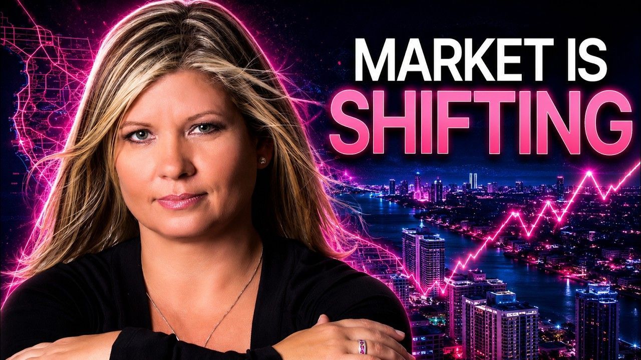 Portrait of a woman beside “MARKET IS SHIFTING” text and a pink rising stock chart on a neon city backdrop