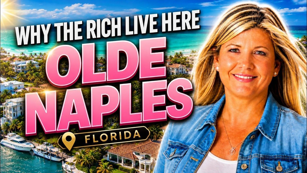 Thumbnail with woman by Olde Naples waterfront text and cityscape in pink and white typography