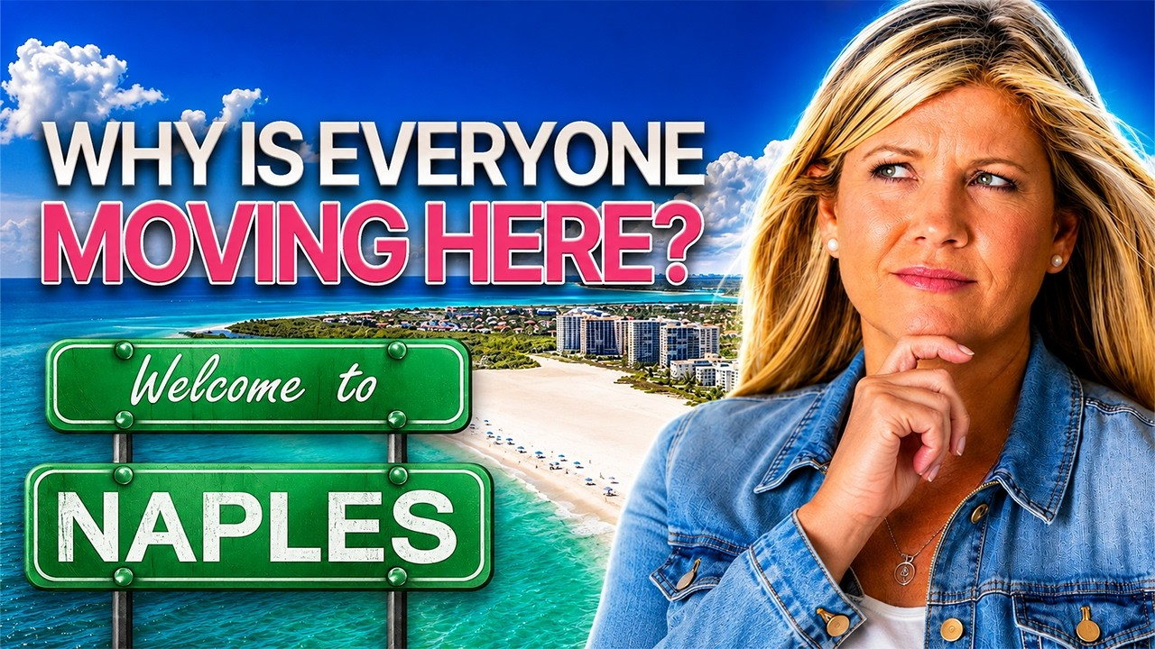 Woman beside Naples welcome sign with “Why is everyone moving here?” text overlay