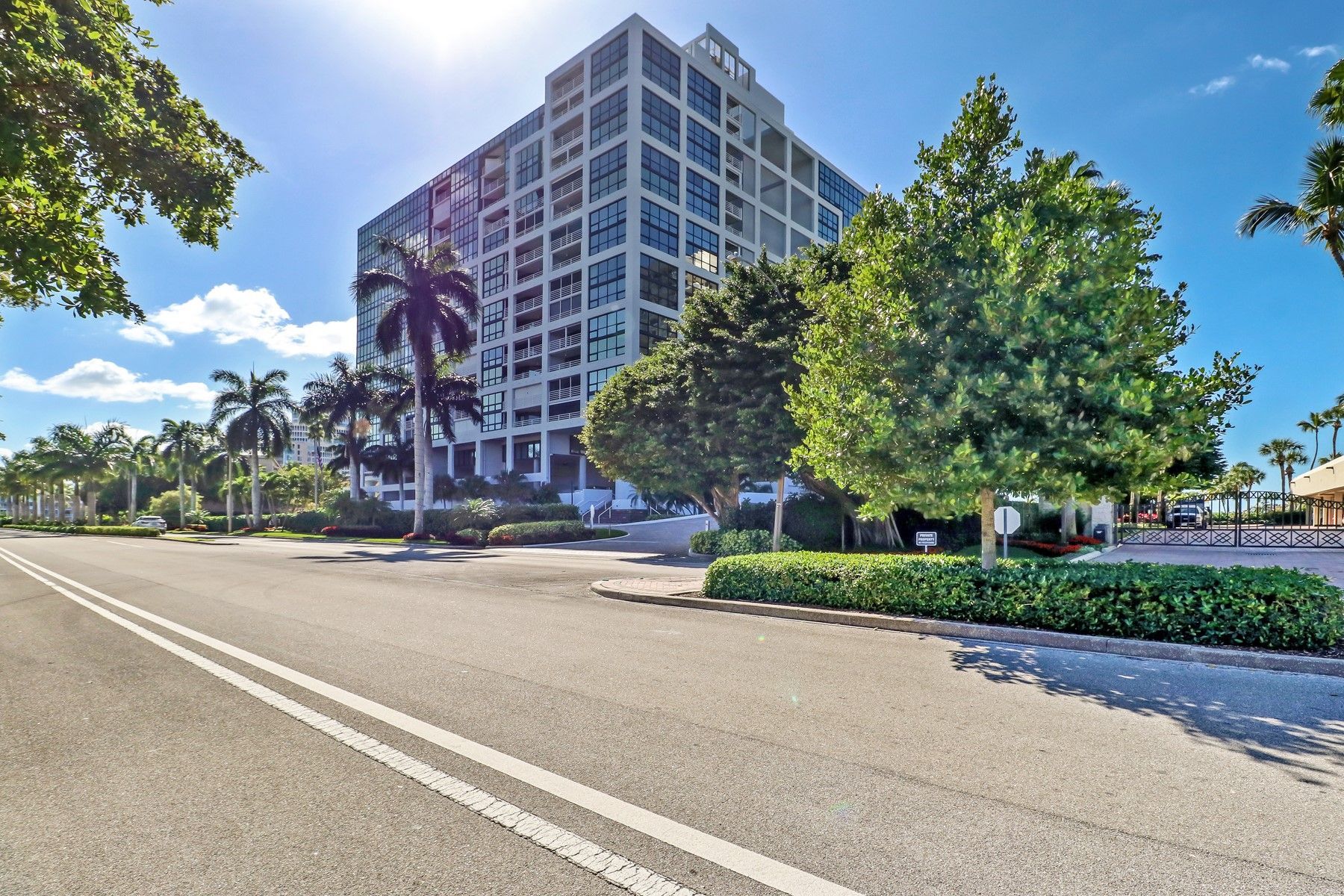 Sunny street with a tall white office building, palm trees, and green landscaping under a blue sky