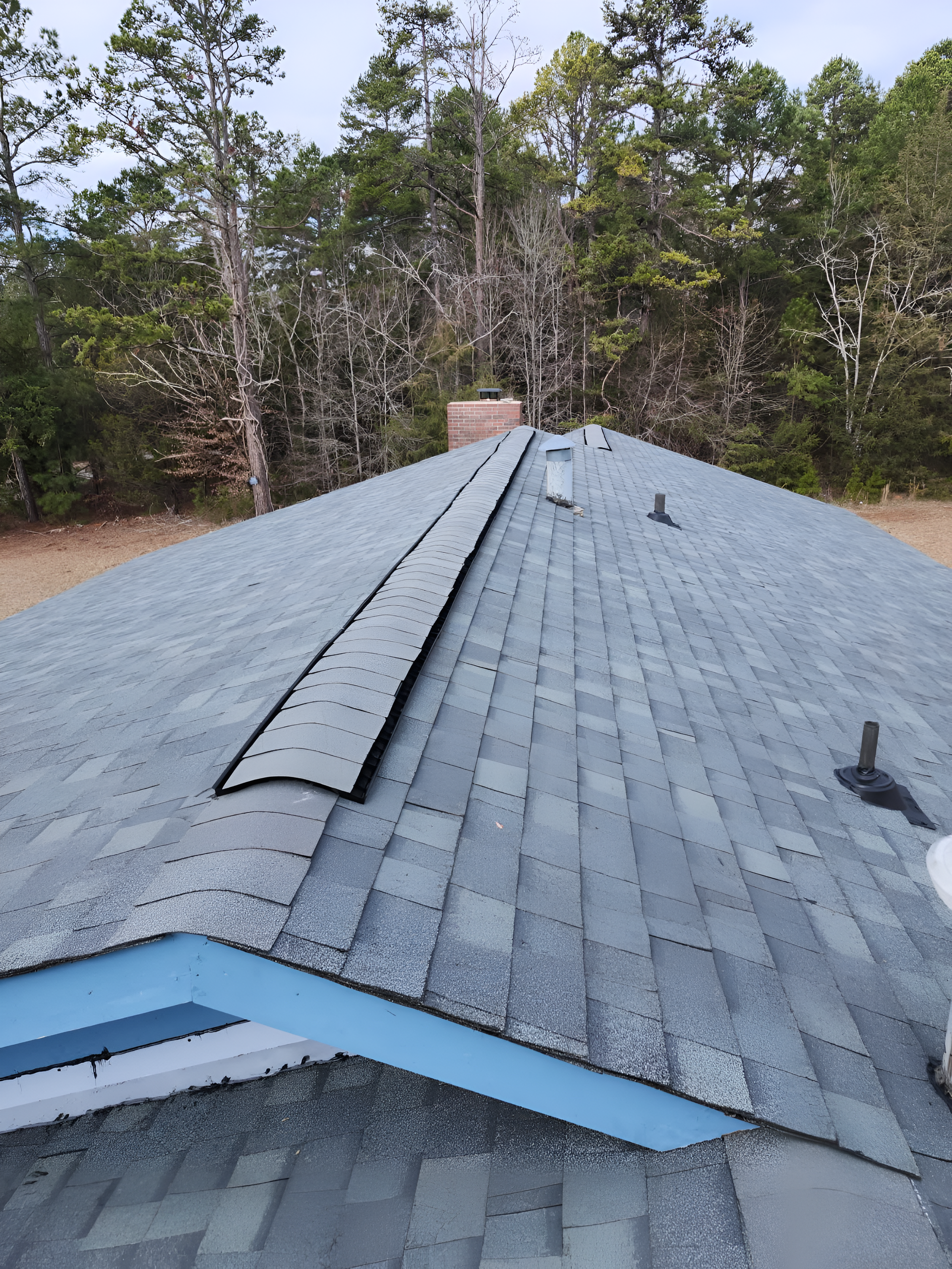 View of a gray shingle roof with a ridge vent. Trees and blue trim are visible.