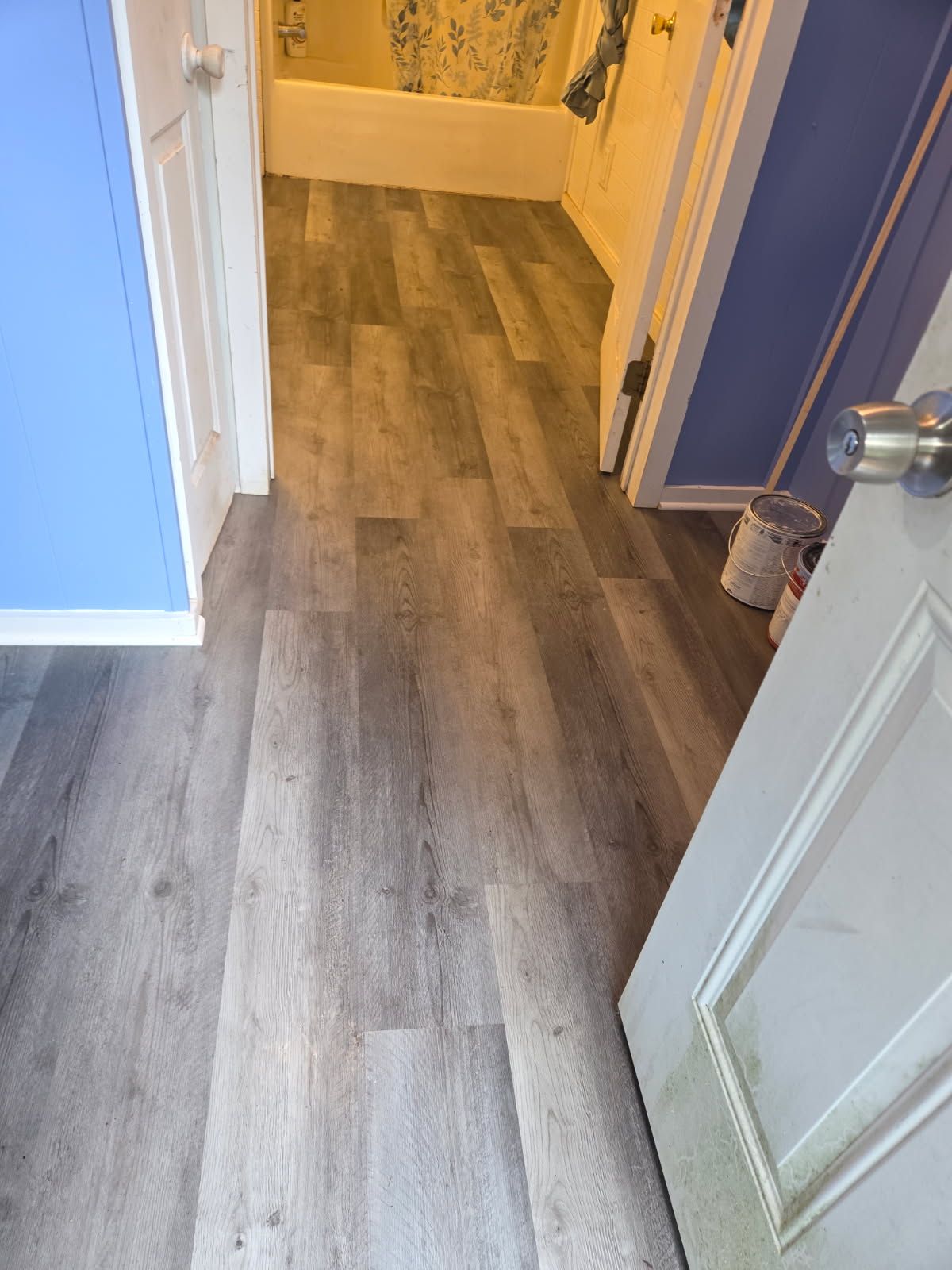 Bathroom with gray wood-look flooring. Blue and white walls, door slightly ajar.