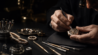 Mani che riparano un orologio d'oro su un banco da lavoro scuro, con attrezzi da orologiaio e altri orologi nelle vicinanze.