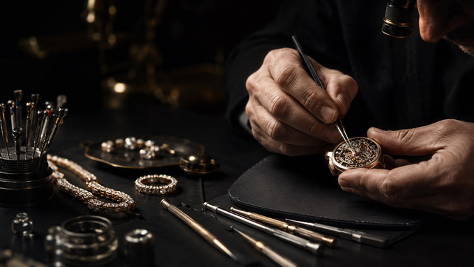 Mani che riparano un orologio d'oro accanto a strumenti da gioielliere su un banco da lavoro scuro