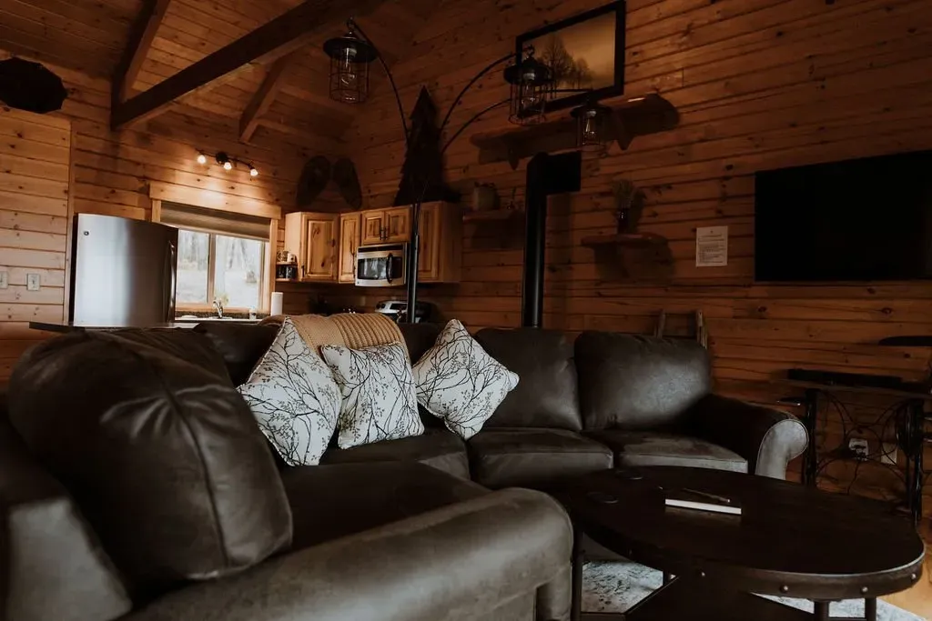 Krueger Cabin Living Area With Black Sofa - Mindoro, WI - High Point Retreats