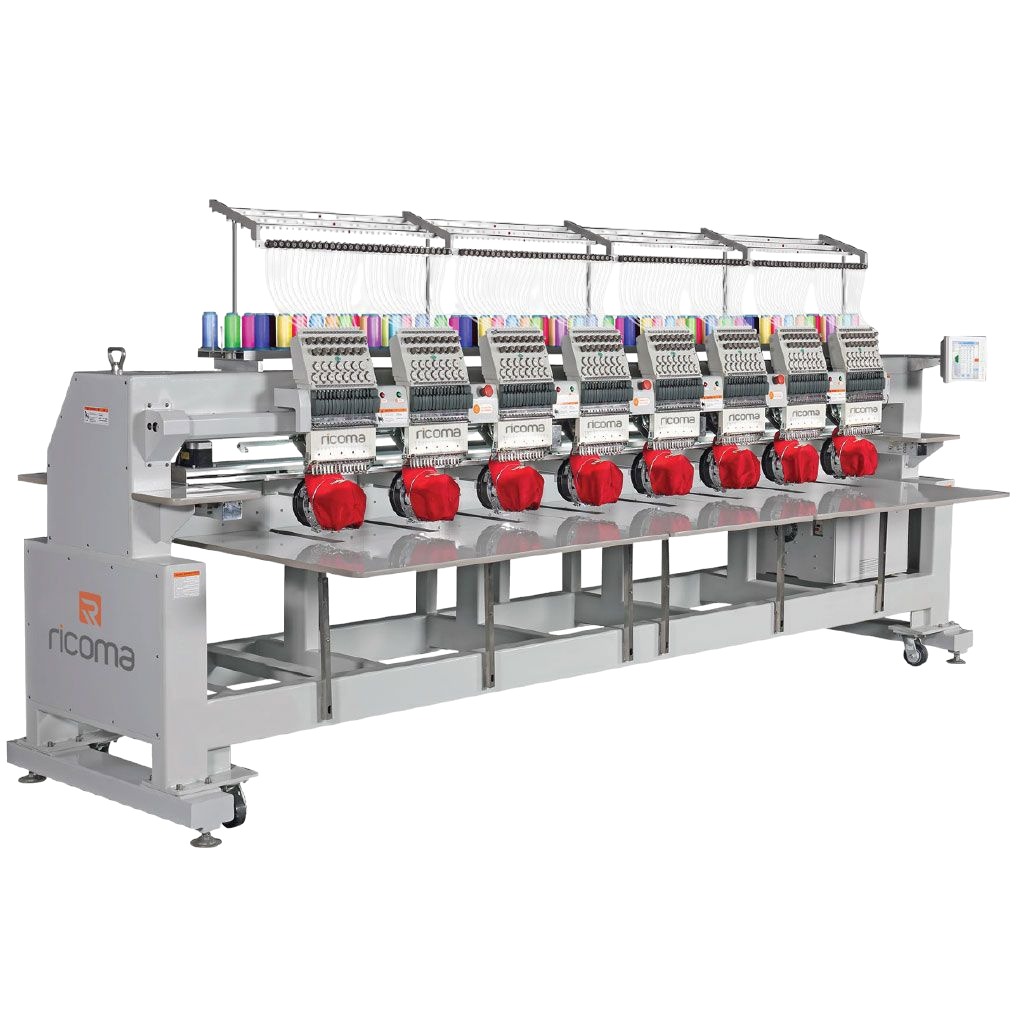 A multi-head Ricoma embroidery machine in a factory setting, stitching with red, white, and colorful threads.