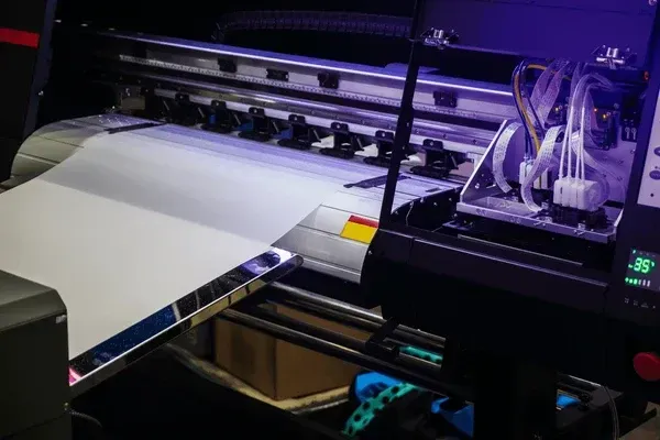 Large format printer printing on white paper; dark setting.