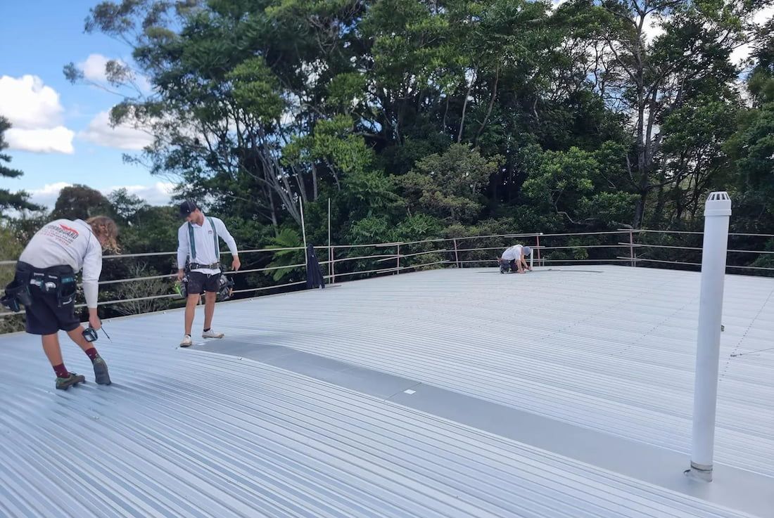 Two Men Are Standing on a Roof With Trees in the Background — Stormguard Roofing In Caloundra West, QLD
