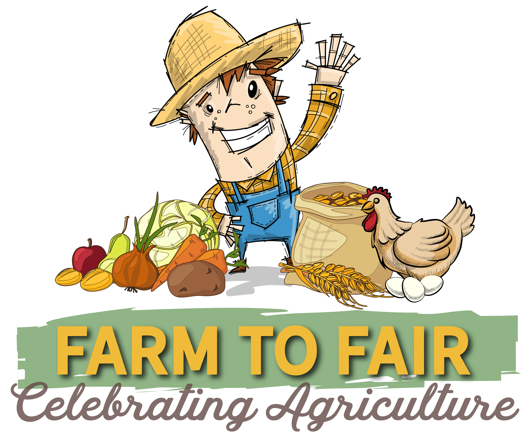 Farm-to-Fair logo with smiling farmer, produce, basket, chicken, and βCelebrating Agricultureβ text