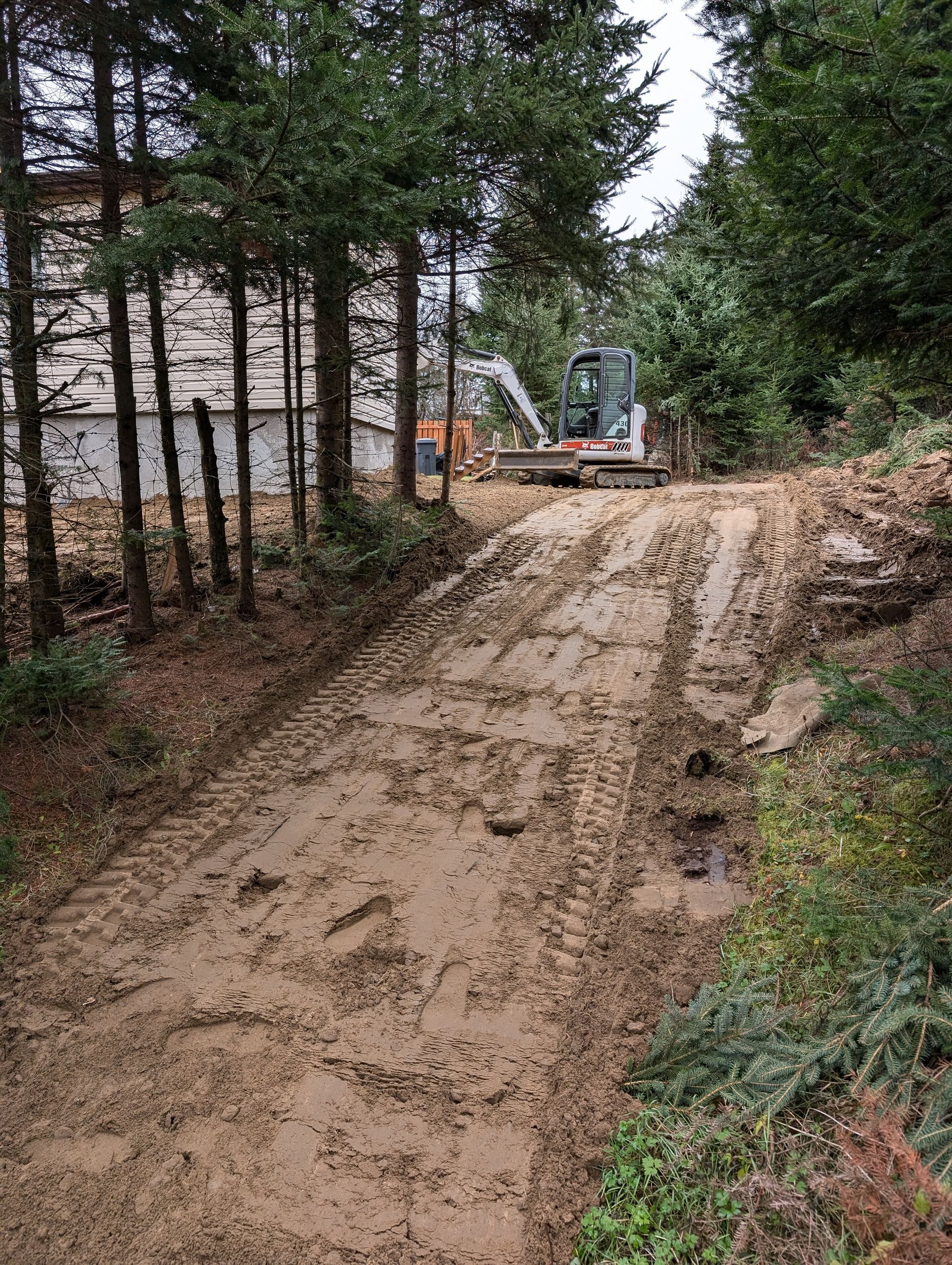 Un véhicule de construction roule sur un chemin de terre dans les bois.