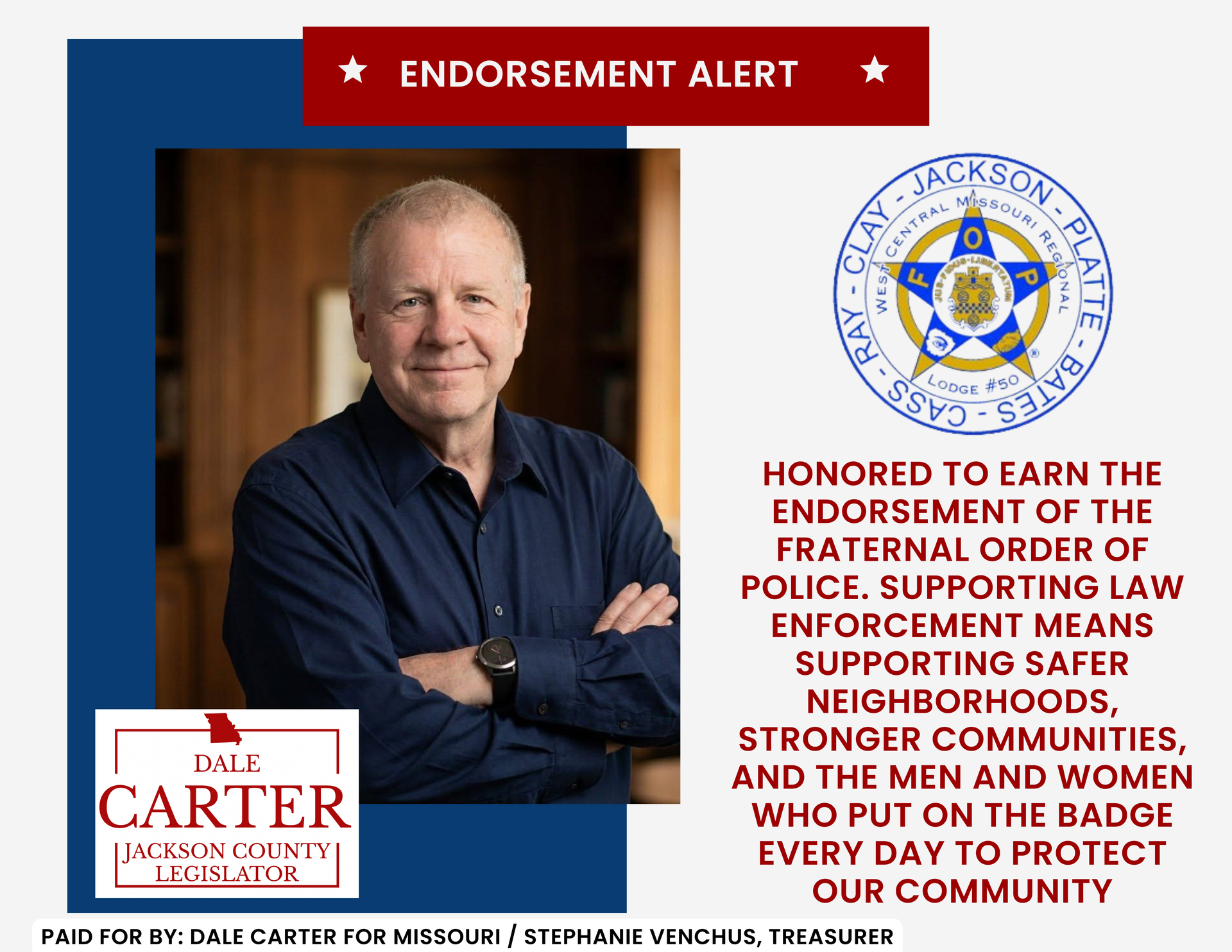 Endorsement alert graphic with Paul Carter portrait, sheriff badge, and text endorsing law enforcement order.