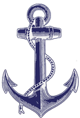 A black and white drawing of an anchor with a rope around it