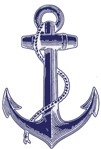 A black and white drawing of an anchor with a rope around it