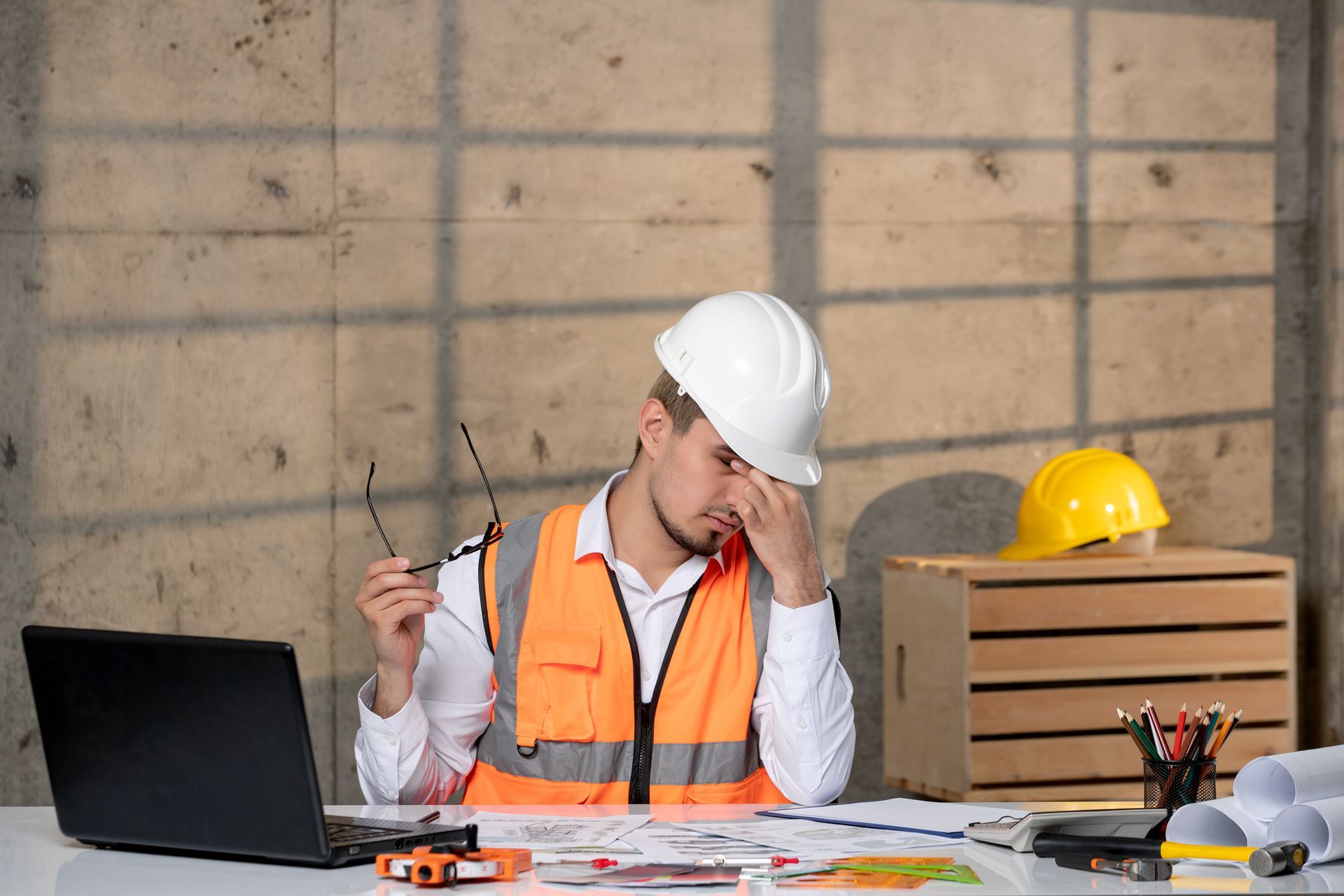 A construction worker is sitting at a desk with a laptop.