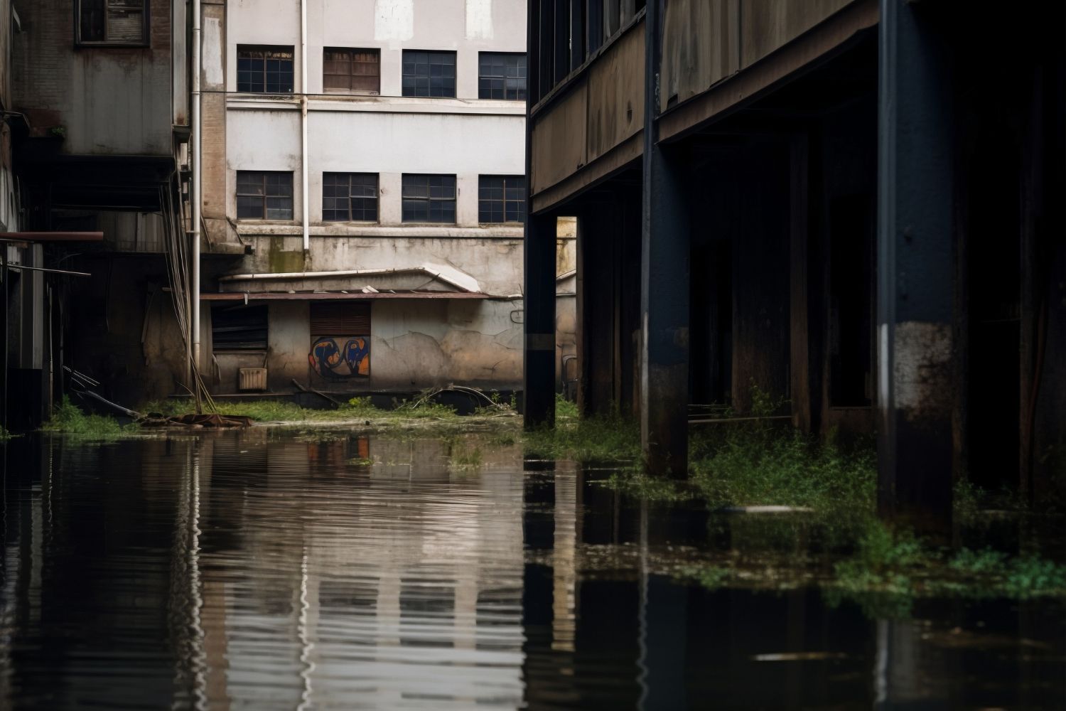 A flooded building with a lot of water coming out of it.