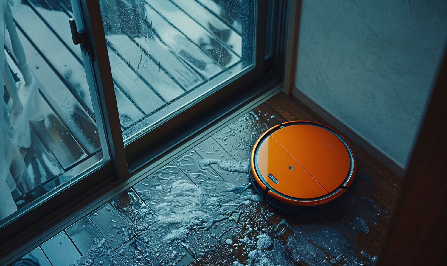 A robot vacuum cleaner is sitting on the floor next to a sliding glass door.