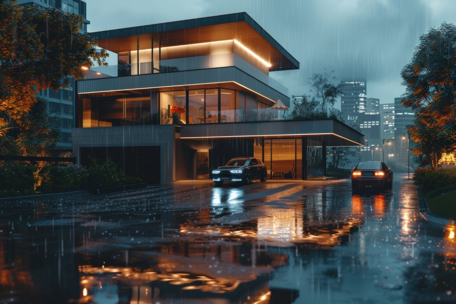 A modern house with cars parked in front of it in the rain.