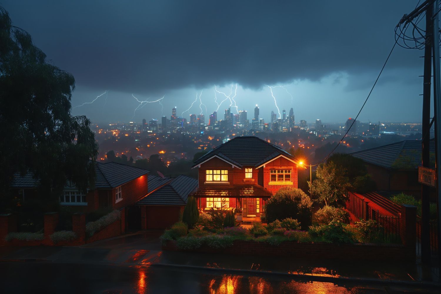 There is a house in the foreground and a city in the background.