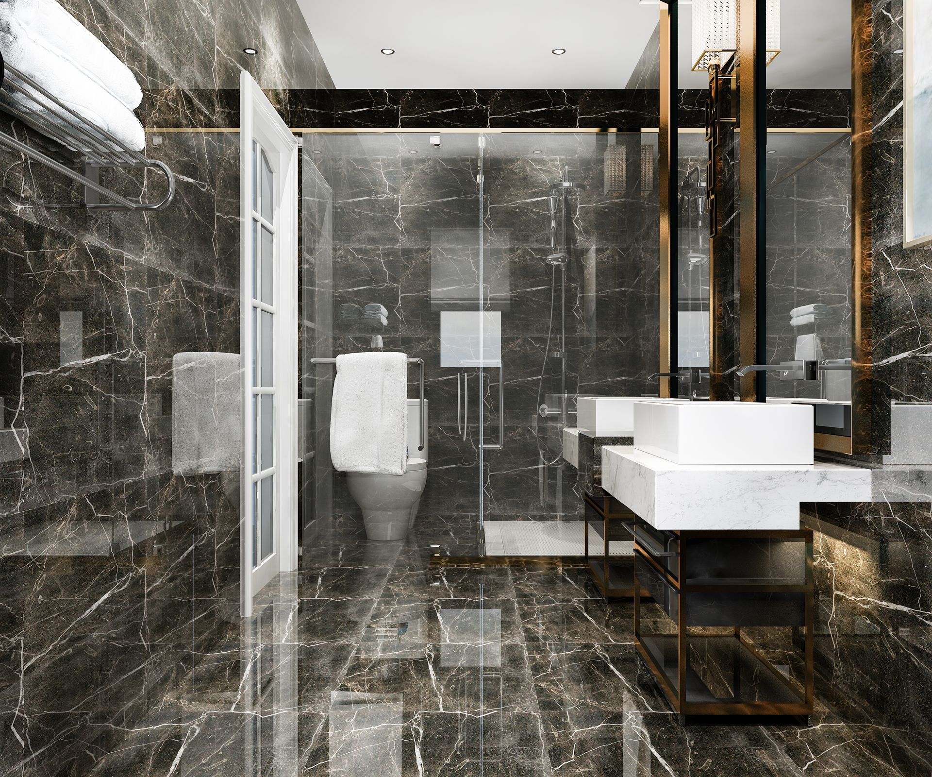 A bathroom with a toilet , sink , and shower.