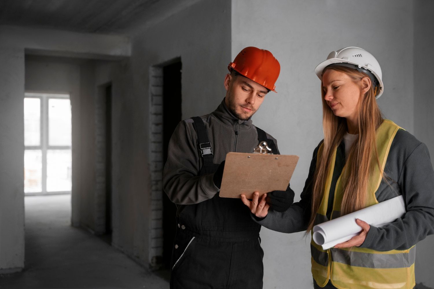 A man and a woman are looking at a clipboard in an empty room.