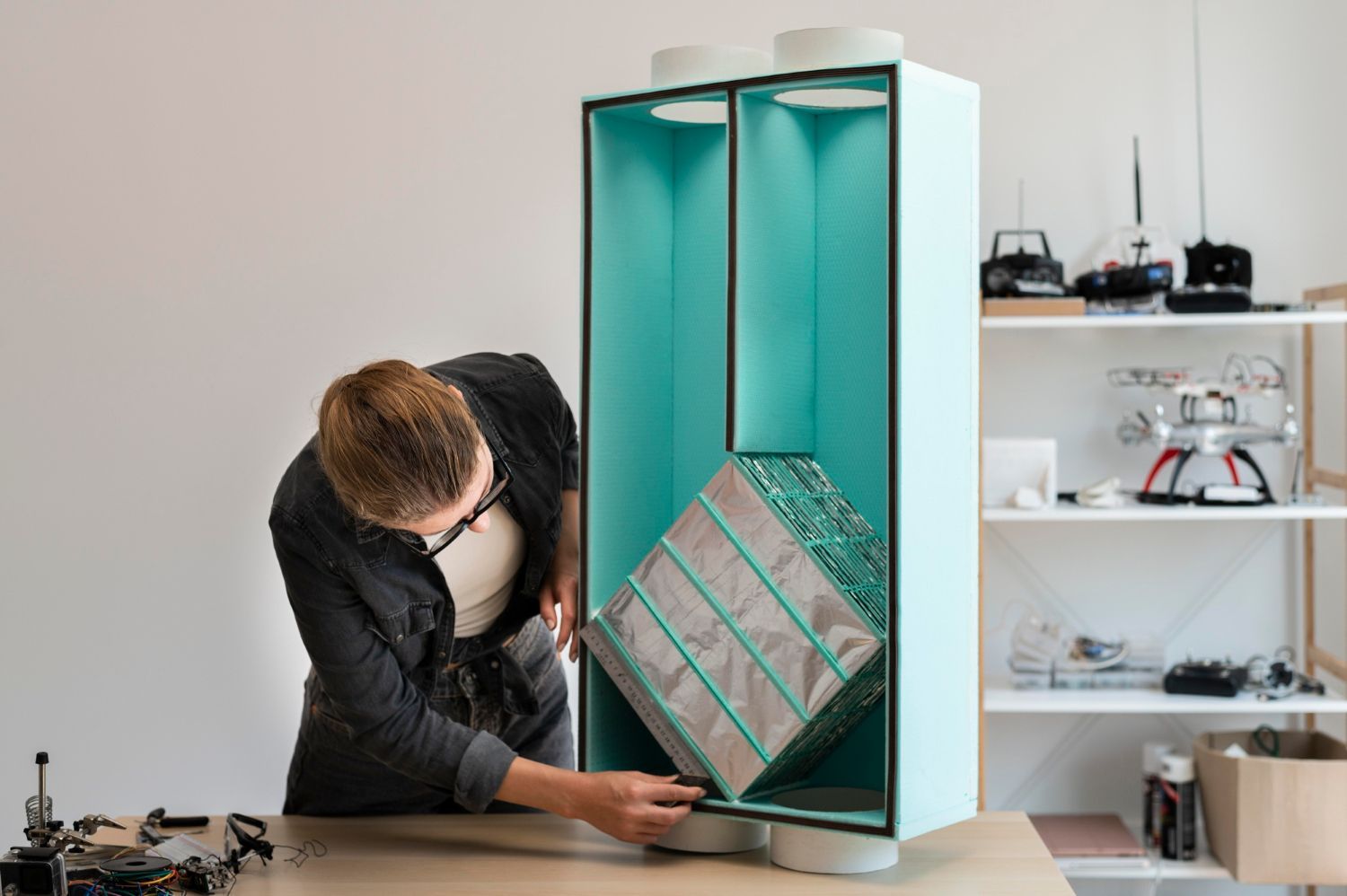A man is working on a piece of furniture in a room.