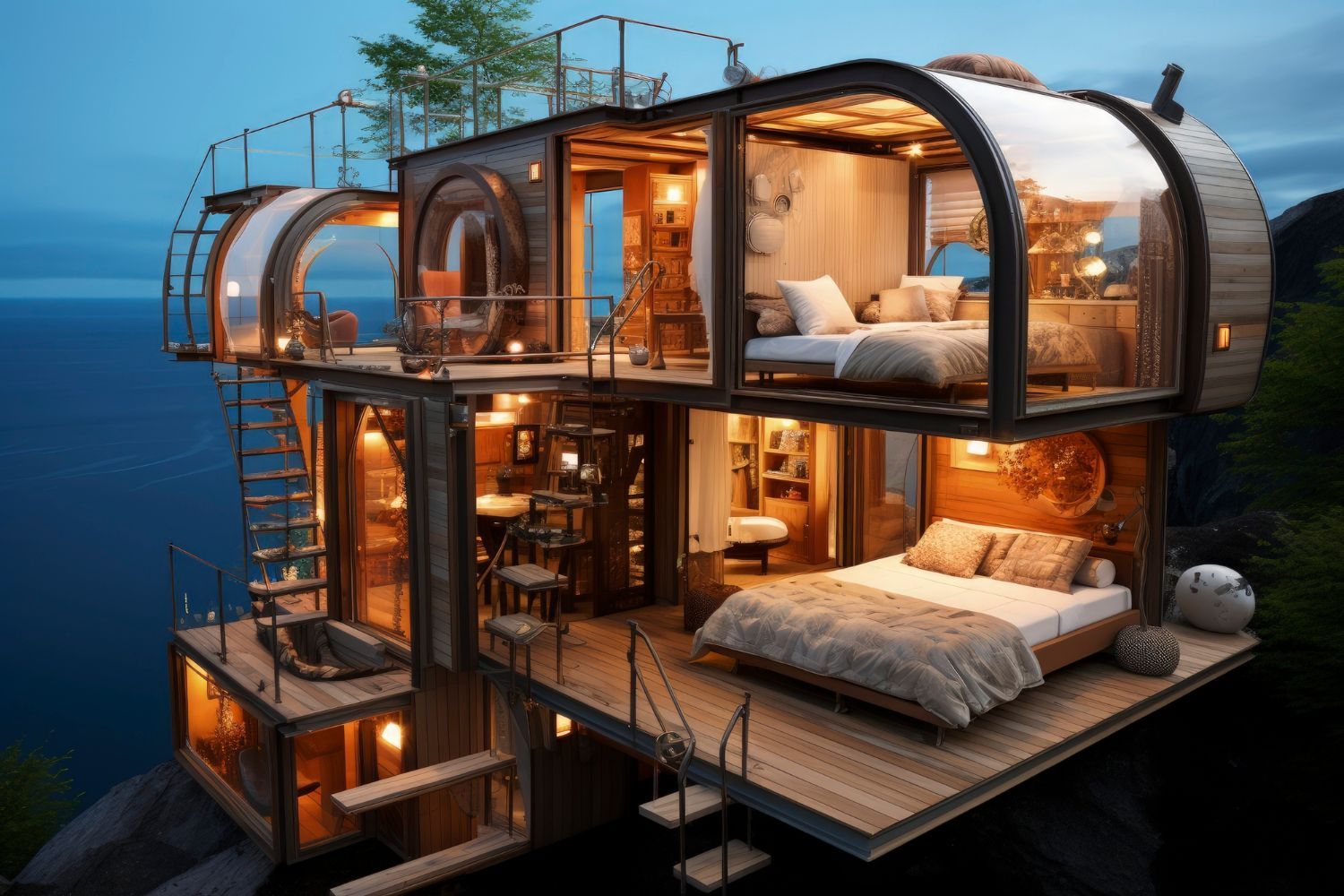 A house cut in half with a view of the ocean.