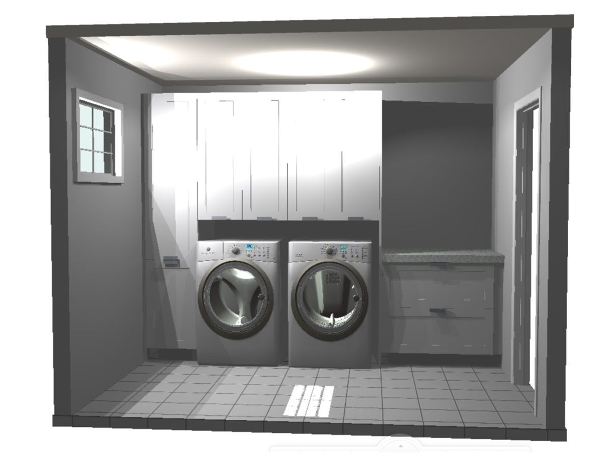 A black and white drawing of a laundry room with two washers and dryers.