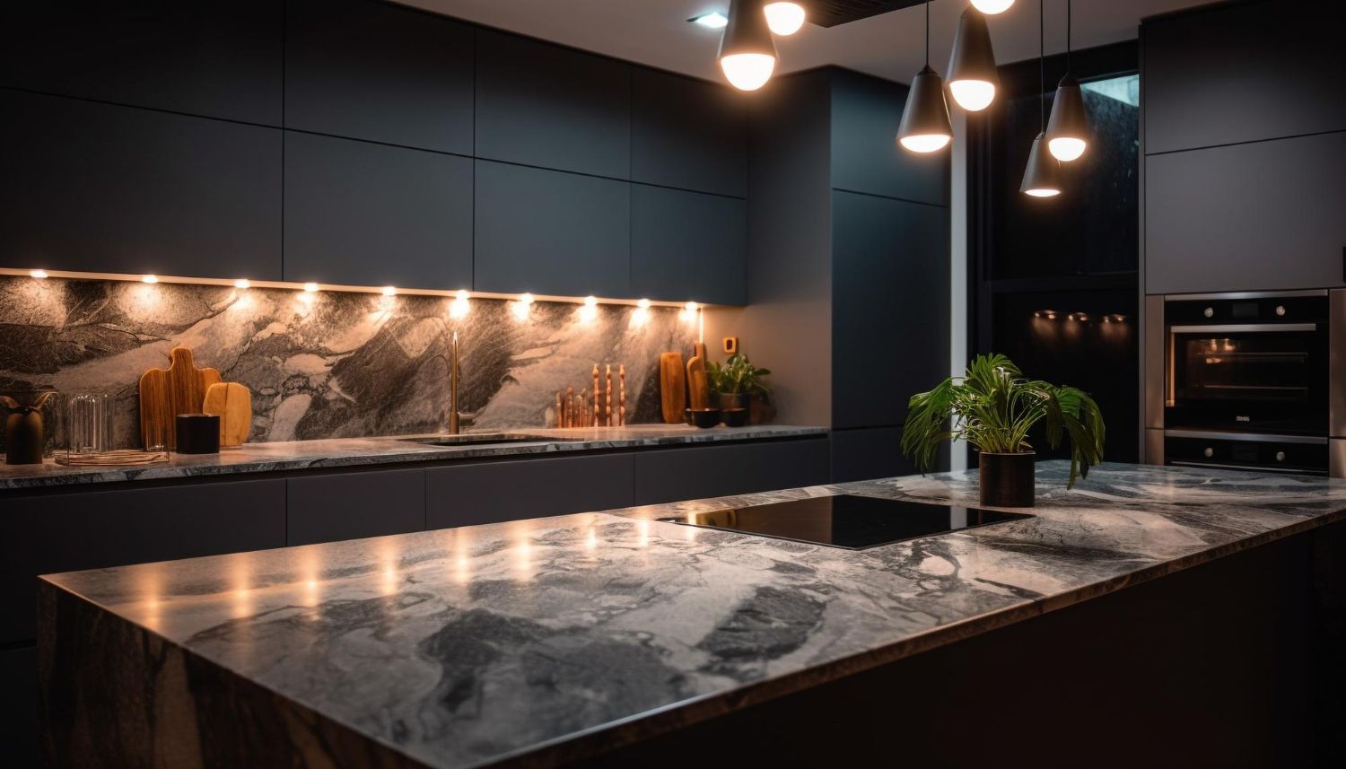 A kitchen with a large island and a sink.
