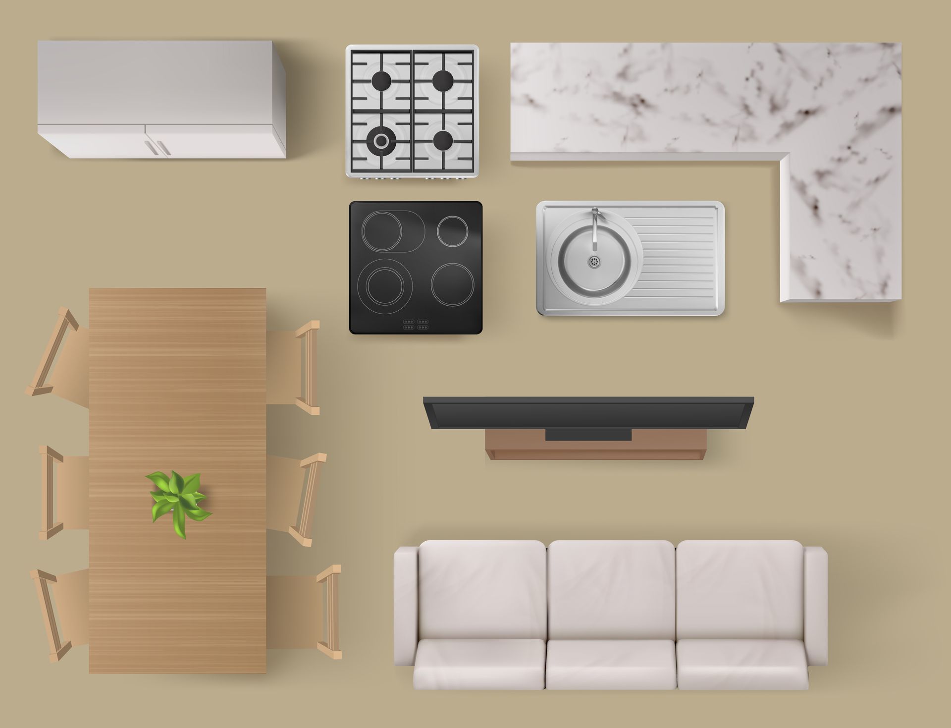 An aerial view of a kitchen , living room , and dining room.