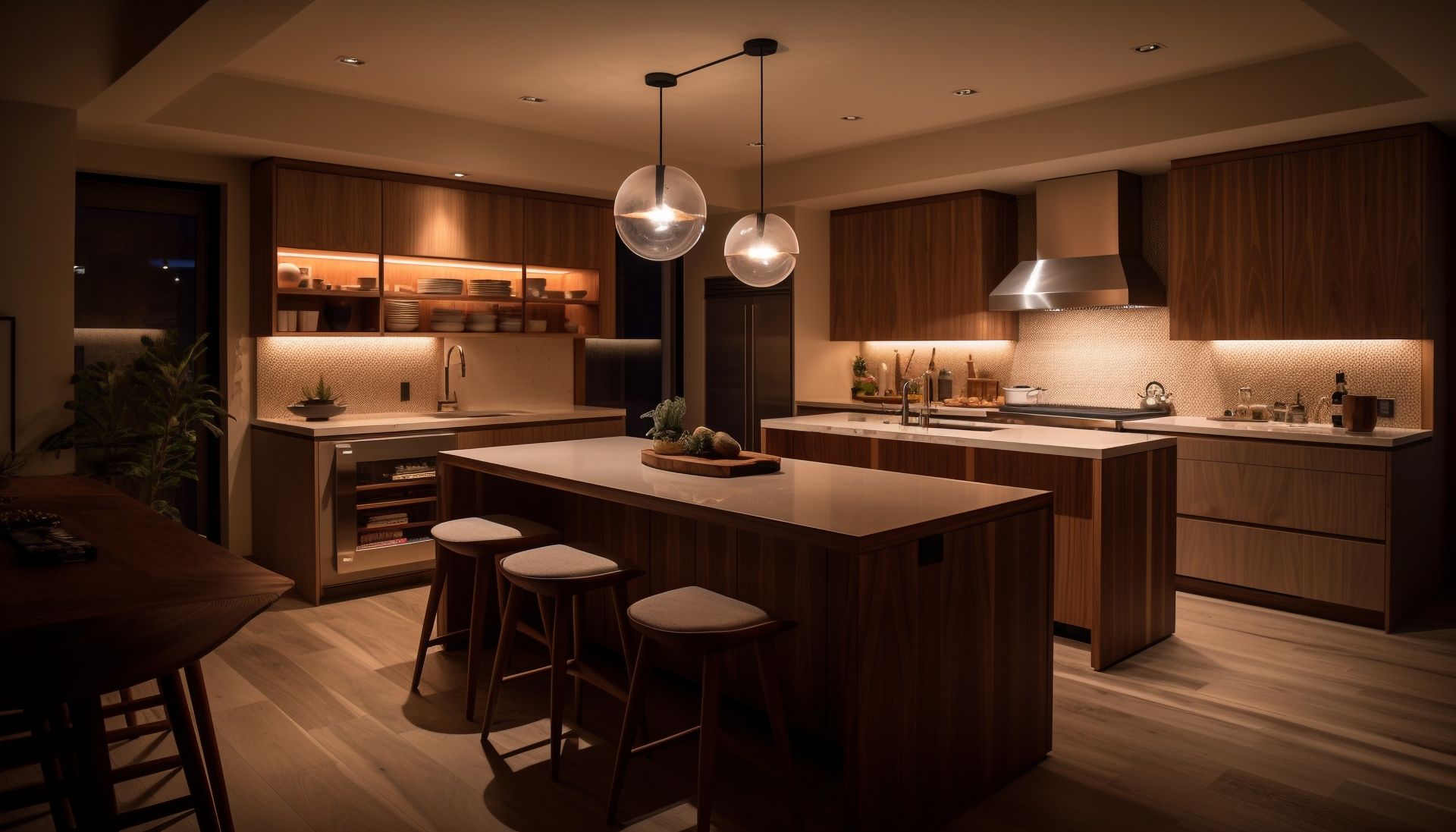 A kitchen with a large island and stools and a table.