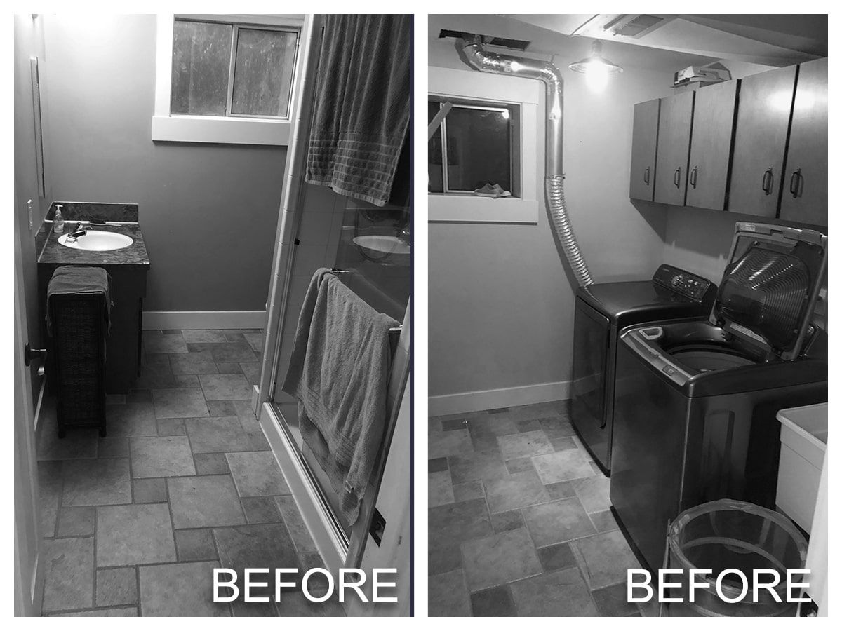 a before and after photo of a bathroom and laundry room