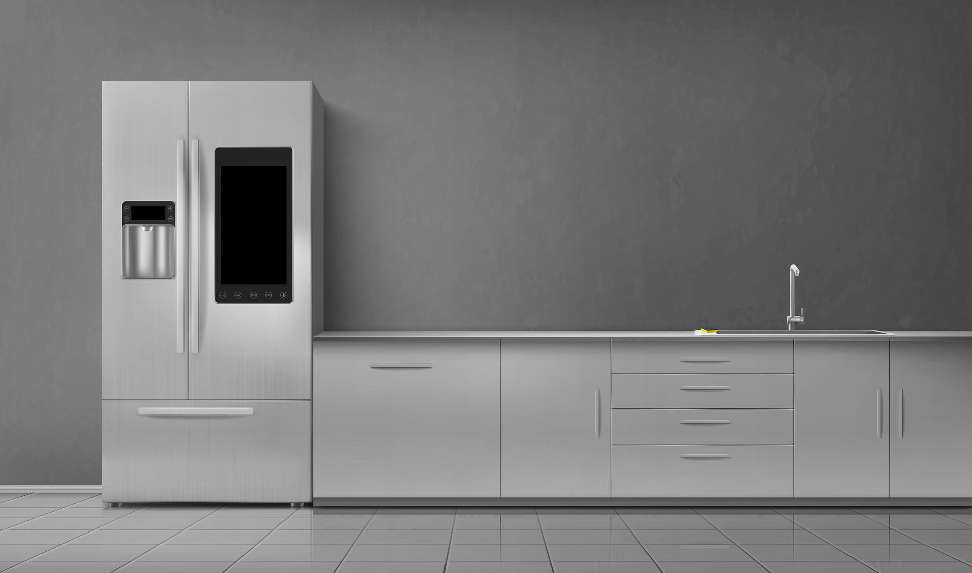 A kitchen with a refrigerator , sink , and cabinets.